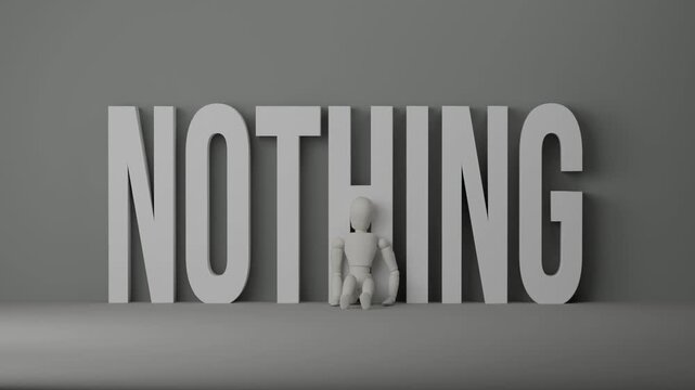 Lonely person facing the word nothing, visual metaphor for existential emptiness, emotional numbness and loss of meaning
