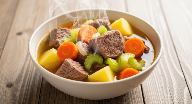 A steaming bowl of homemade vegetable soup filled with tender beef chunks, carrots, potatoes, and celery served on a rustic wooden table, homemade, delicious, steam