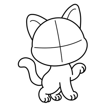 Cute Walking Cat Drawing Guide with Raised Paw and Construction Lines