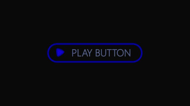 Animated blue play button with glowing outline and PLAY BUTTON text on a dark black background, minimalist media interface motion graphic for video players, streaming platforms, digital content