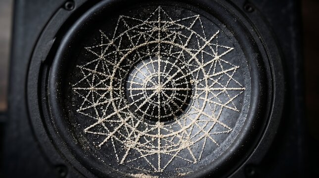 Geometric sand pattern formed by sound waves on a speaker cone illustrating cymatics