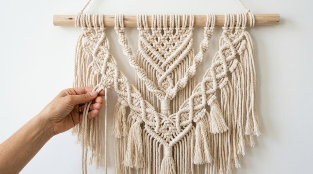 Handmade macrame wall hanging with intricate geometric patterns displayed.