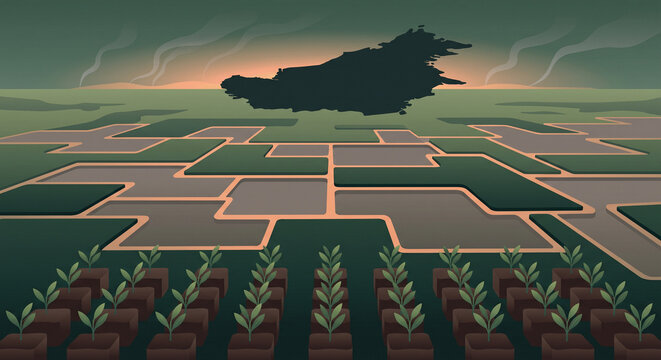 Conceptual illustration of deforestation and forest fires in Indonesia with Borneo map silhouette over agricultural land and seedlings.