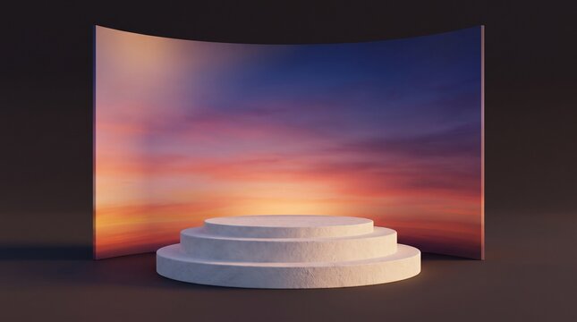 Empty circular display podium with a vibrant sunset sky background for product showcase.