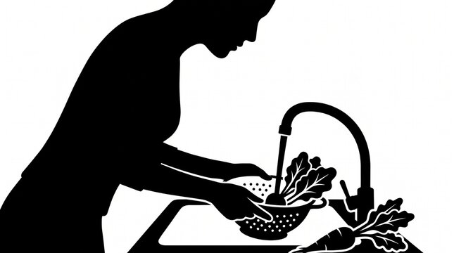 Silhouette illustration of woman washing fresh vegetables in kitchen sink