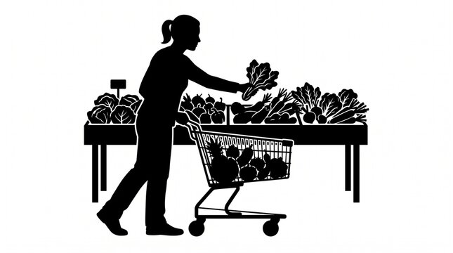 Silhouette illustration of woman shopping for vegetables at grocery market
