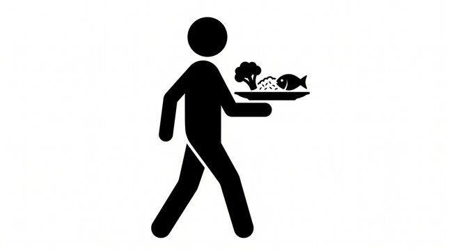 Silhouette of a person walking and carrying a tray with healthy food including