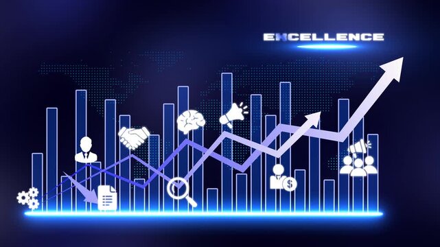 Business Excellence Animation with Growth Charts, Performance Indicators, Strategic Planning, Teamwork and Quality Management for Corporate Success
