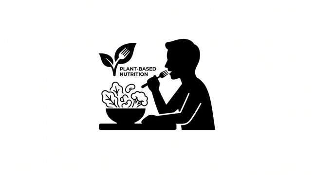 Silhouette of a person eating a healthy salad with organic nutrition logo