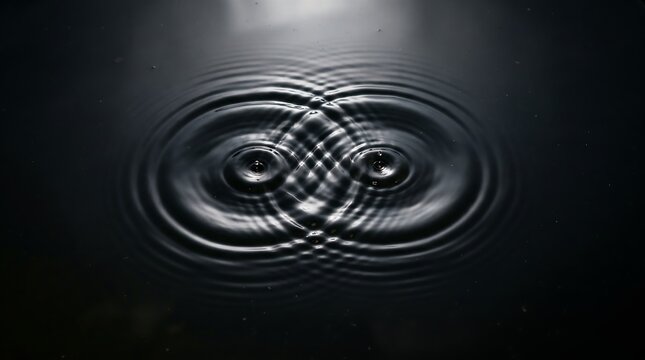 Symmetric ripples on dark water surface representing the concept of duality and motion in a tranquil liquid environment
