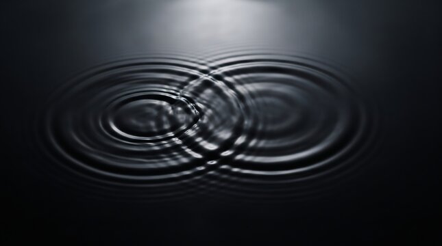 Circular water ripples merging on dark surface in concentric patterns abstract liquid splash effect black background
