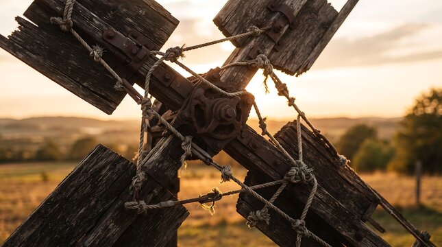 Rustic Wooden Structure with Ropes Bathed in the Golden Glow of a Serene Sunset, Symbolizing Durability and Time-Worn Charm in a Rural Landscape