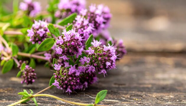Blooming thyme bunch with tiny pink flowers, fresh culinary herb and botanical concept
