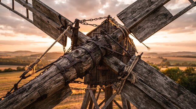 Close up of ancient wooden windmill blades against a warm sunset sky in the countryside