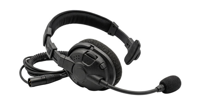 Professional Black Communication Headset with Boom Microphone and Cable Isolated on Transparent Background