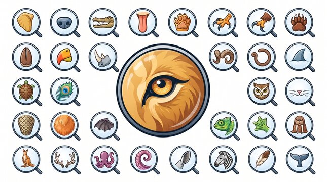 Animal Body Parts Magnifier Icon Set, Wildlife Anatomy Detail Vector Collection