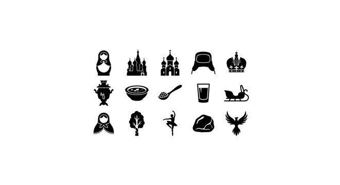 Russian Culture Icons Set: Matryoshka, Kremlin, Samovar, Ushanka, Ballet, Phoenix