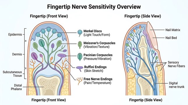 Medical illustration of human fingertip nerve sensitivity anatomy