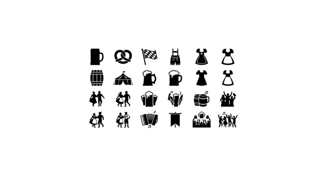 Oktoberfest Icons Set: Beer, Pretzel, Dirndl, Barrel, Accordion, Bavarian Flag, People Dancing