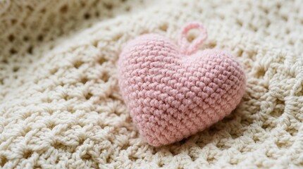 Fototapeta premium Handmade pink crochet heart resting on white knitted fabric background.