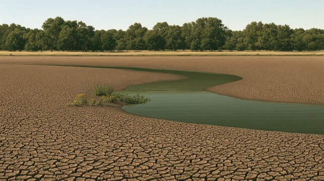 Arid Landscape with Cracked Earth and Sparse Water Body.