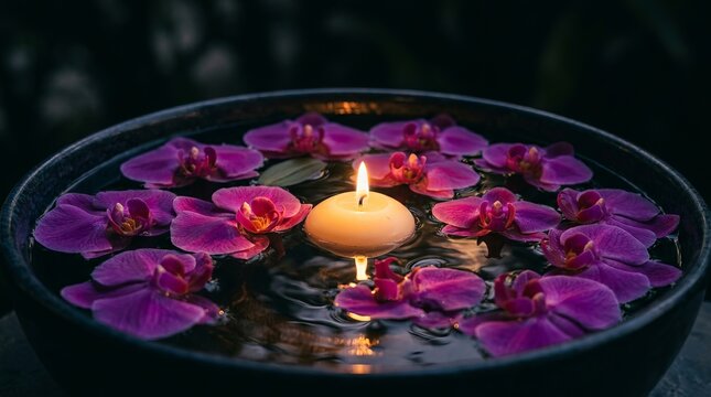 Single lit candle surrounded by vibrant purple orchid petals on dark surface.