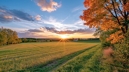 Naklejka premium Golden Sunset Over Rural Autumn Field with Vibrant Maple Tree and Dramatic Sky