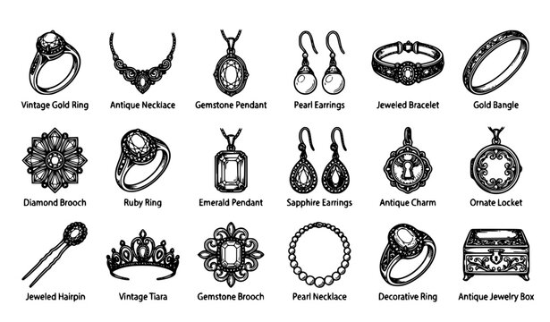 Vintage Gold Jewelry Hand Drawn Sketch Set