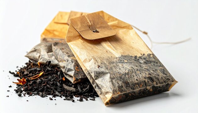 Used tea bag with paper label and visible tea leaves, clean white background, beverage preparation concept, commercial product photography