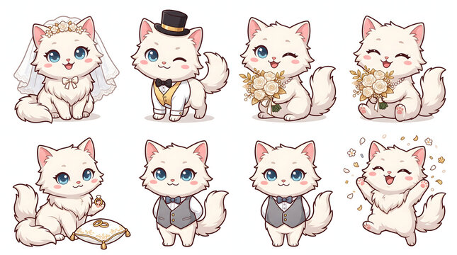 Cute white kitten wedding collection featuring bride groom and ceremony accessories in chibi style