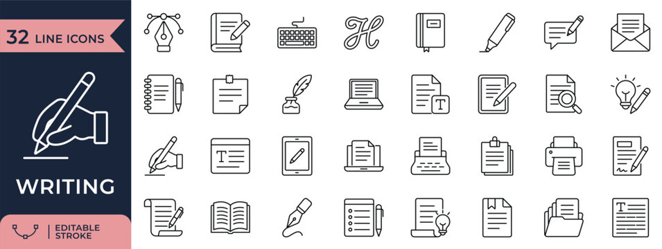 Writing line icon set featuring copywriting, content creation, and author symbols. Editable vector illustration.
