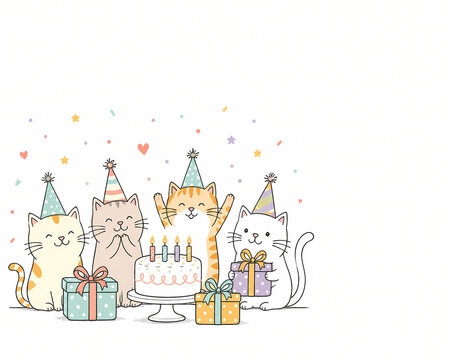 Cute Birthday Cats with Cake and Presents, Pastel Party Illustration with Copy Space