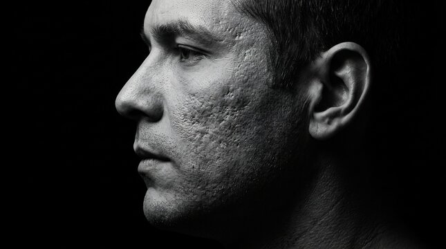 Black and white profile portrait of man with deep pitted acne scars