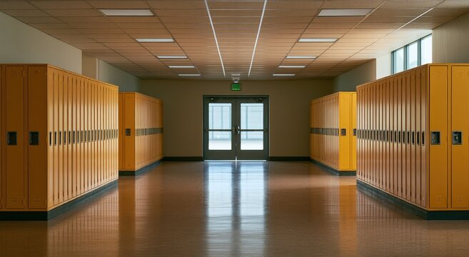 Empty School Hallway with Rows of Yellow Lockers and Double Doors.