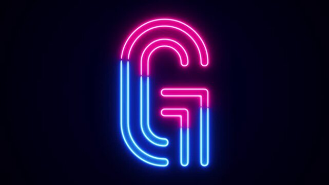 Neon letter G with on black, neon alphabet for banner, english alphabet in neon style. All capital alphabets neon animation, pink blue neon font letter animation, led letter, Appearance of the letter