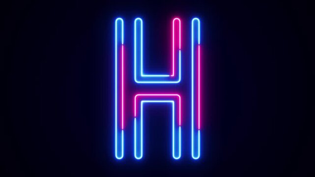 Neon letter H with on black, neon alphabet for banner, english alphabet in neon style. All capital alphabets neon animation, pink blue neon font letter animation, led letter, Appearance of the letter