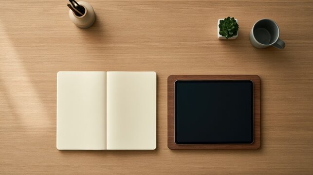 Minimalist Desk Setup with Open Notebook and Tablet.