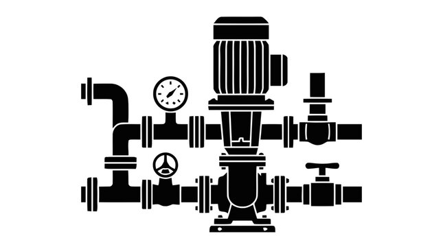 Vector illustration of vertical industrial pump system with motor and piping on a transparent background