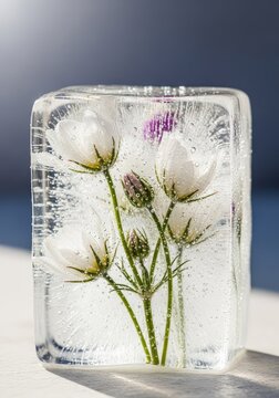 Ethereal white flowers encased in solid clear ice, revealing intricate textures and frozen droplets under a soft, wintry natural light source, pure, season, floral