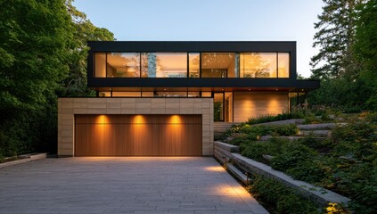 Fototapeta premium Modern Luxury Home with Large Garage and Lush Landscaping.
