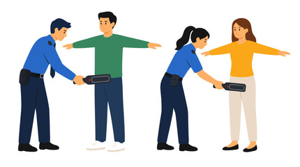 Obraz premium Flat Vector Illustration of Security Checkpoint Officers Scanning Male and Female Passengers with Handheld Metal Detectors for Safety Inspection at an Airport Terminal or Public Building Entrance