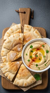 Freshly baked warm pita bread triangles arranged on a rustic wooden board next to a bowl of creamy white bean hummus topped with olive oil, fiber, legume, baked