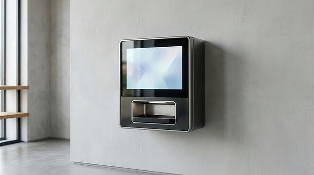 Modern digital kiosk with touchscreen on concrete wall