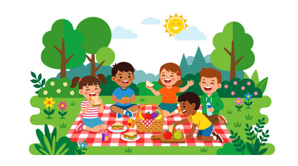 Fototapeta premium Happy diverse group of children enjoying a summer picnic on a red checkered blanket in a lush green garden with trees and flowers, eating healthy fruit and sandwiches under a bright smiling sun.