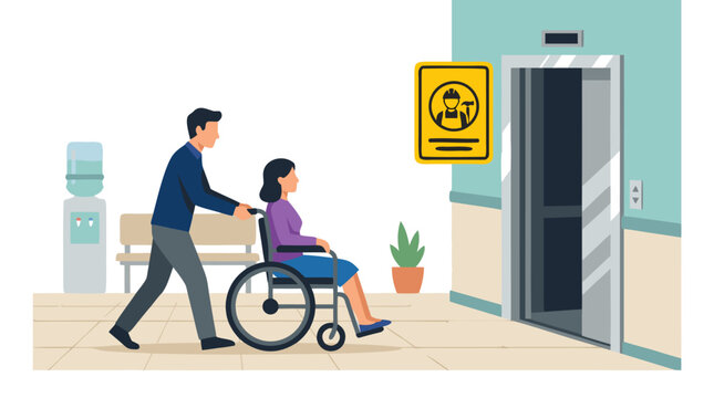 Flat vector illustration of a man pushing a woman in a wheelchair toward an open elevator in a modern building hallway with a yellow maintenance sign, highlighting accessibility and care.