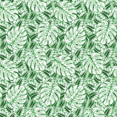 Tropical monstera leaves seamless pattern background vector illustration. © อุทัย คำหารพูล
