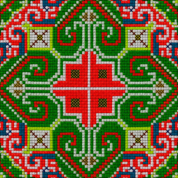 Seamless Hmong ethnic embroidery pattern, traditional tribal cross stitch geometric texture, red and green spiral ornament background for fashion textile