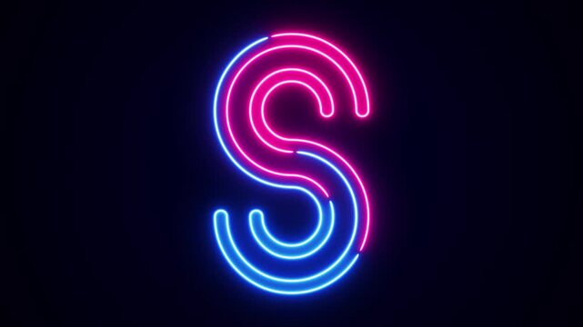 Neon letter S with on black, neon alphabet for banner, english alphabet in neon style. All capital alphabets neon animation, pink blue neon font letter animation, led letter, Appearance of the letter