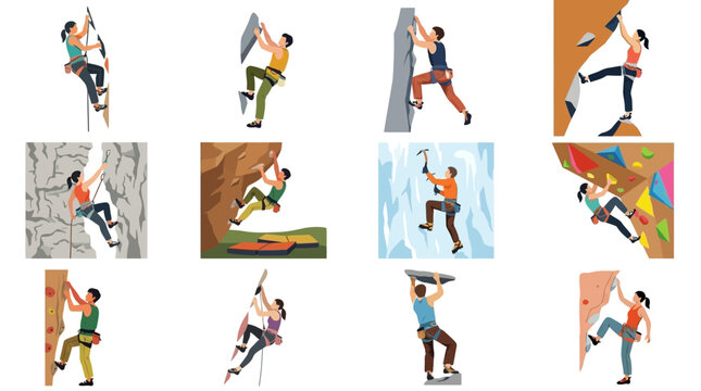 A collection of diverse rock climbers scaling various surfaces in different styles.