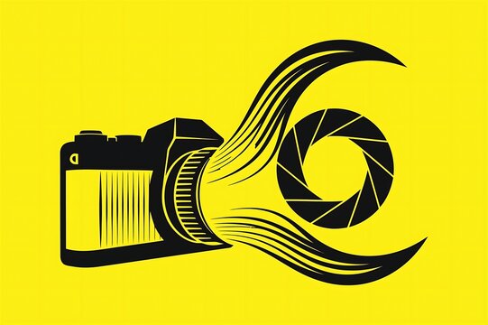 Creative Camera with Swirling Aperture Lens Vector Design Template on Yellow Background